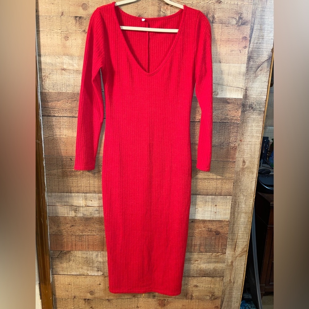Classic Bombshell Red Ribbed Sweater Dress